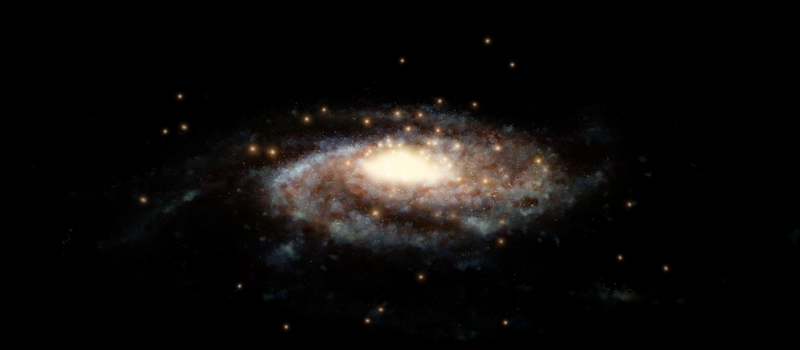 A computer-generated image of the Milky Way, with accurate positions of globular clusters (the bright yellow dots) in orbit around it.